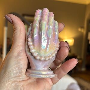 Iridescent Aura Pink Opal Praying Hands Religious Carving